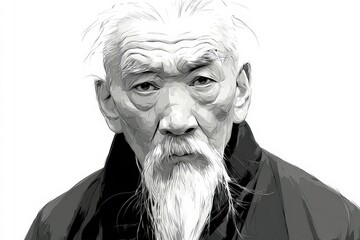 Elderly Chinese man with a long beard displaying deep wisdom and experience