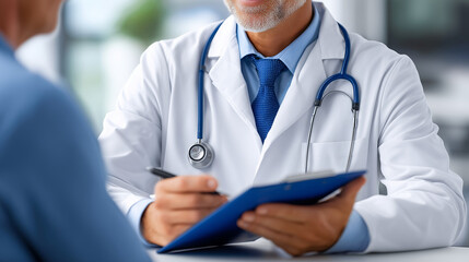 Medical consultation scene with doctor holding clipboard and listening to patient in bright professional clinic setting suitable for healthcare services, insurance materials and medical awareness