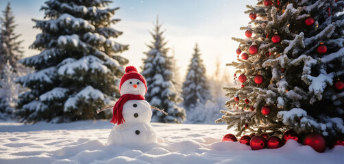 Obraz premium Cheerful snowman in red hat and scarf standing next to a decorated christmas tree with red ornaments in a snowy winter forest scene with evergreen trees and bright sunlight