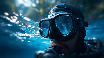 Underwater diver rising to the surface in reflective blue water with professional diving mask and gear creating an adventurous marine atmosphere ideal for travel banners safety guides and aquatic 