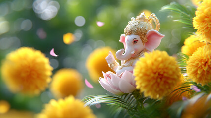 Elegant lord ganesha idol in serene floating pose surrounded by falling  flowers with soft bokeh light creating a peaceful festive atmosphere perfect for celebration banners invitations