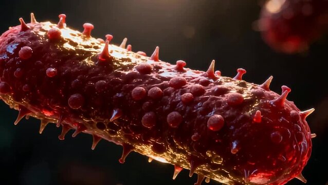 Micro-Medicine Dark red rod-shaped pathogens float in a dark-toned space, their surfaces covered with fine protrusions and spiky structures, and their bodies emitting a translucent reddish-gold luster