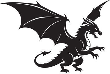 Black silhouette of a fierce dragon with large wings spread wide