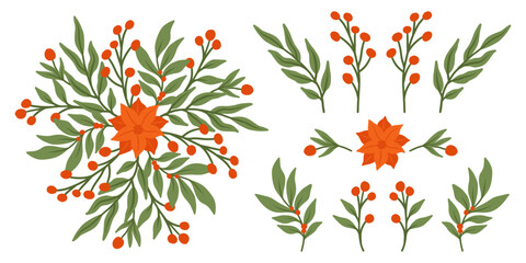 Christmas garland with holly leaves and a berries. Vector illustration on a white background, flat design, simple line art.	