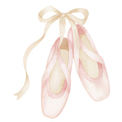 Elegant watercolor ballet slippers illustration in soft pastel pink with flowing ribbon bow detail © ThemeRage