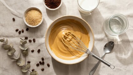 Aesthetic flat lay of dalgona coffee preparation mixing bowl, whisk, sugar crystals, coffee powder, minimalist arrangement on linen cloth, natural light photography 1