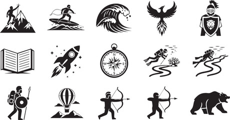 Collection of adventure and exploration icons mountain climbing, surfing, wave, phoenix, knight, book, rocket, compass, scuba diving, river rafting, hiker, hot air balloon, archer, bear