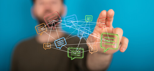 Digital network of communication and connections concept. Person interacting with the virtual messaging icons. Modern technology, communication,