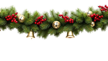 Festive christmas garland with red berries and gold bells isolated on transparent background