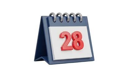 3D Rendered Desk Calendar Displaying The Number 28 In Red With A Blue Cover And White Paper Against A Transparent Background