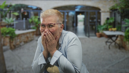 Woman covers mouth with hands in building courtyard while laughing and smiling, glasses visible;...