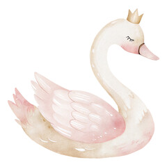 Charming watercolor swan princess illustration with soft pastel pink feathers and delicate golden crown details © ThemeRage