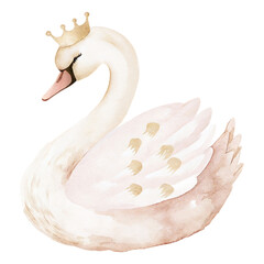 Elegant watercolor swan princess illustration with soft pastel feathers and delicate golden crown details © ThemeRage