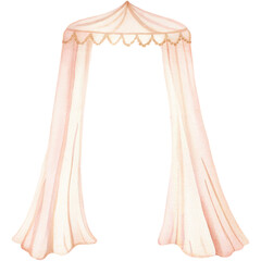 Romantic watercolor canopy illustration with flowing blush drapes and elegant scalloped golden trim details