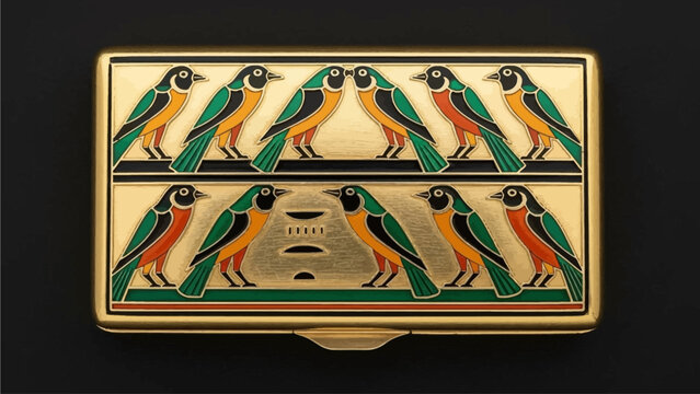 Stunning gold Egyptian revival cigarette case featuring colorful bird hieroglyphs for luxury collectors and historical design enthusiasts seeking elegant vintage treasures