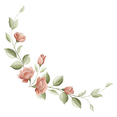 Delicate watercolor floral corner arrangement with soft peach roses and elegant green foliage accents