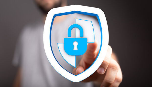 Secure digital concept with a shield and padlock symbol. Finger touching a virtual data protection icon. Represents cyber security, p - Powered by Adobe