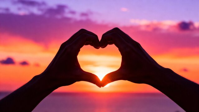 A romantic, high-contrast silhouette shot of hands forming a heart shape, beautifully framing the fiery orange and purple sunset over the ocean water.
