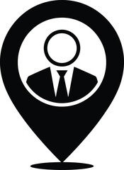 Black and white icon representing a person inside a location pin symbolizing personal location or contact information