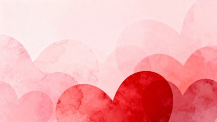 A romantic digital watercolor illustration featuring layered, overlapping heart shapes in a deep red and soft pink gradient, creating an abstract background with ample copy space.