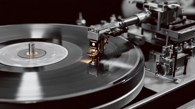 Medium shot of a mono vinyl lathe in action capturing the steady carving of a singlechannel audio groove on a blank record disc with visible mechanical components.