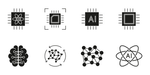 Artificial Intelligence Microchips, Neural Networks and Cognitive Systems Solid Icon Set. Machine Learning, Data Science and Digital Innovation Silhouette Symbol. Isolated Vector Illustration