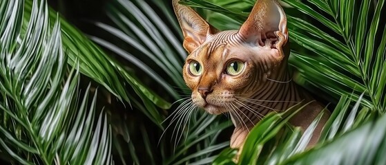 Sphinx cat resting among lush green plants in a vibrant indoor setting during daylight hours