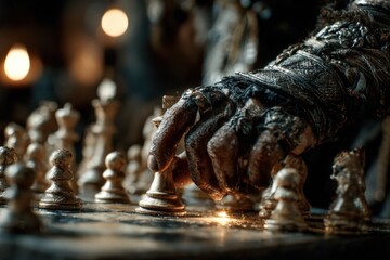 Someone skillfully places chess pieces in an intense game at dusk