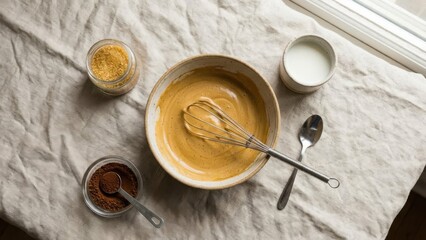 Aesthetic flat lay of dalgona coffee preparation mixing bowl, whisk, sugar crystals, coffee powder, minimalist arrangement on linen cloth, natural light photography