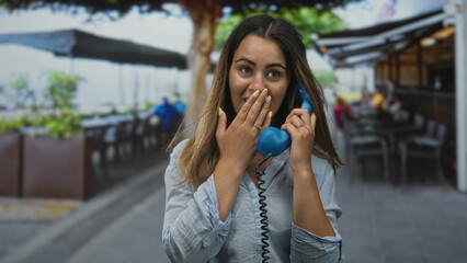 Woman holding blue telephone receiver, hand covering mouth at street cafe terrace near outdoor...
