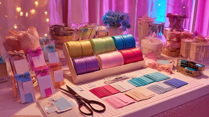Gift wrapping station with colorful ribbons, tags, and scissors under pink lighting, perfect for holiday packaging and festive promotions