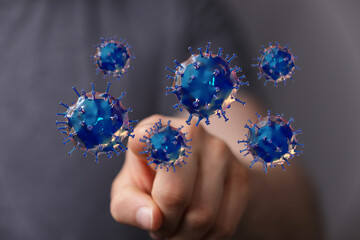 An illustrative image of viral particles floating around a hand. Conceptual representation of disease, infecti