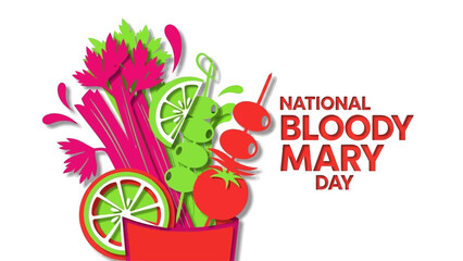 Celebrate National Bloody Mary Day with this vibrant illustration, perfect for social media posts, restaurant promotions, and cocktail enthusiasts looking for fresh inspiration