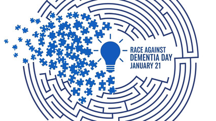 Join the Race Against Dementia Day January 21st for Alzheimer's Awareness with a powerful puzzle piece and lightbulb symbol, supporting brain health and cognitive function awareness