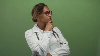 Woman doctor in white coat with stethoscope and red glasses holding chin in a thinking pose in a green studio setting; thoughtful reflection care.