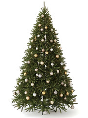 Obraz premium Festive christmas tree decorated with ornaments and lights on a bright white background