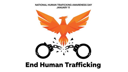 Help raise awareness with this powerful design representing freedom from human trafficking, featuring a phoenix rising above broken handcuffs, symbolizing hope and liberation
