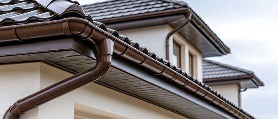 Gutter installation on a modern residential building with a tiled roof during a cloudy afternoon