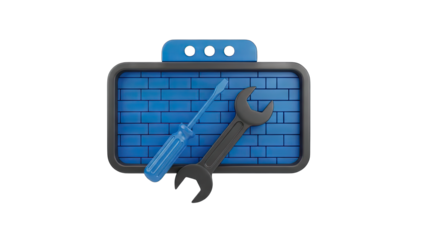 3D Rendered Icon of Tools a Screwdriver and a Wrench in Front of a Blue Brick Wall Pattern Against a Transparent Background