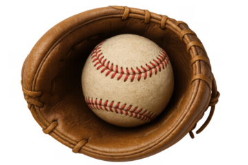 Baseball ball resting inside a leather glove, capturing the classic american sport equipment on transparent background