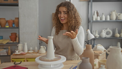Woman shaping a tall ceramic vase with hands and gesturing beside a pottery wheel while explaining...