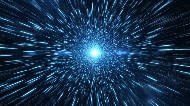 Abstract blue light tunnel effect representing hyperspace travel or warp speed motion through star field
