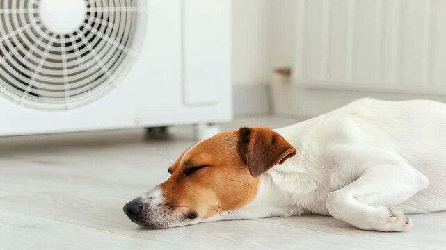 A dog lies comfortably on the floor next to a fan, enjoying the cool breeze on a warm afternoon in a cozy room