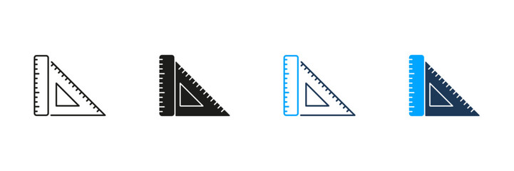 Ruler And Set Square Line And Solid Icon Set. Precision Measurement And Geometry Tool Symbol Collection. Educational And Technical Drawing Equipment. Isolated Vector Illustration