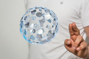 Person interacting with a digital communication network sphere symbolizing global connection and digital interactions. Concept includ