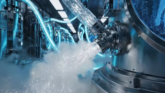 Futuristic Sci-Fi Bio-Lab: Dynamic View of Cryogenic Pods Creating Digital Humanoids with Glowing Energy