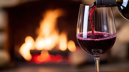 Enjoying a cozy evening by the fireplace with a glass of red wine poured from the bottle on a chilly night at home