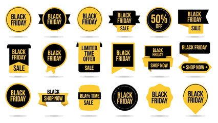 A comprehensive set of Black Friday sale badges and labels in black and yellow, featuring various shapes and promotional texts for discounts and offers.