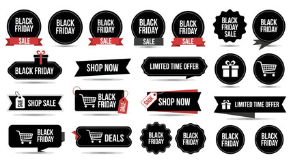 Obraz premium A collection of various Black Friday sale labels, badges, and banners in black and red, featuring shopping carts and gift box icons.