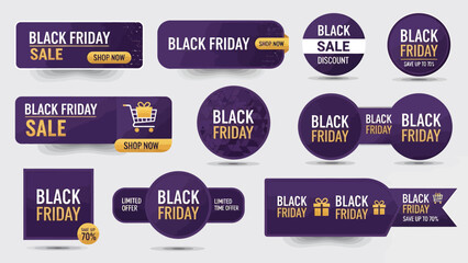A collection of purple and gold Black Friday sale banners, labels, and tags with shopping cart and gift box icons. © Luqman